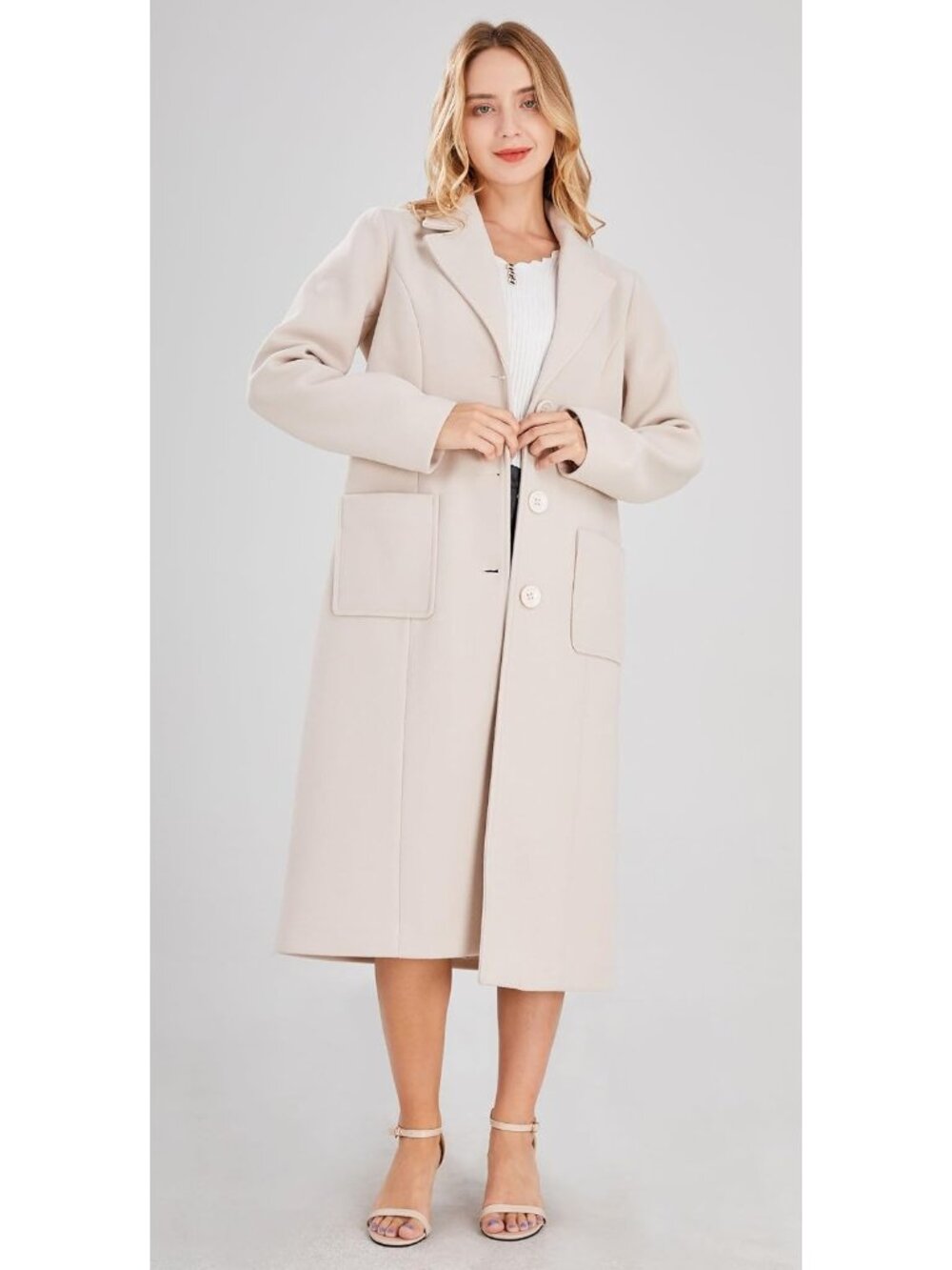Women's White Long Sleeve Big Notch Lapel Single Breasted Mid-Long Wool Coat - Picture 3 of 3